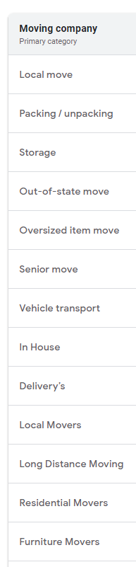 Categories for Movers Google My Business