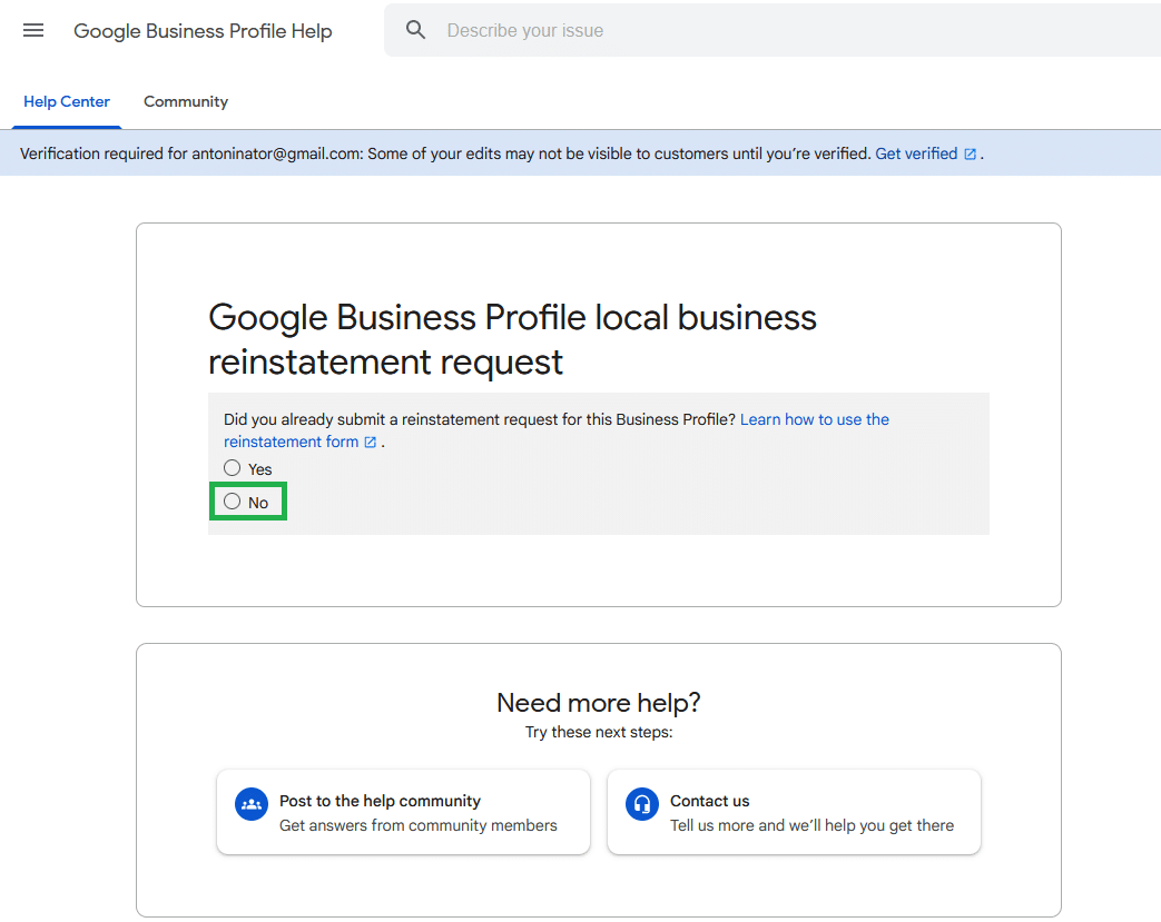 Google My Business Profile Local Business Reinstatement Request 1